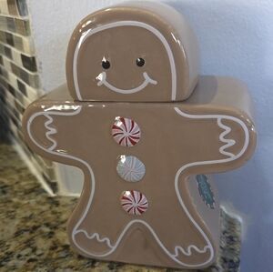 Gingerbread Man Ceramic Cookie Jar – Peppermint Button Holiday Double Sided ~New